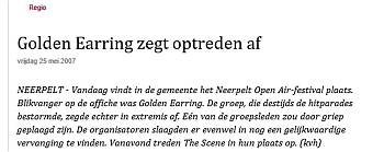 Newspaper article Standaard Online cancelation Golden Earring Neerpelt Open air Festival